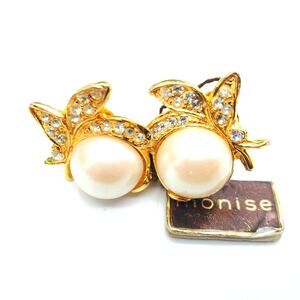 Small Faux Pearl Clip On Earrings Gold Tone Italian Rhinestone Classic Monise